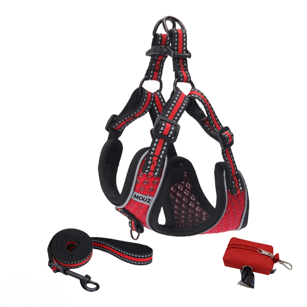 MOUZ Arnés perro antitirones, ajustable con correa y dispensador de bolsas - Rojo