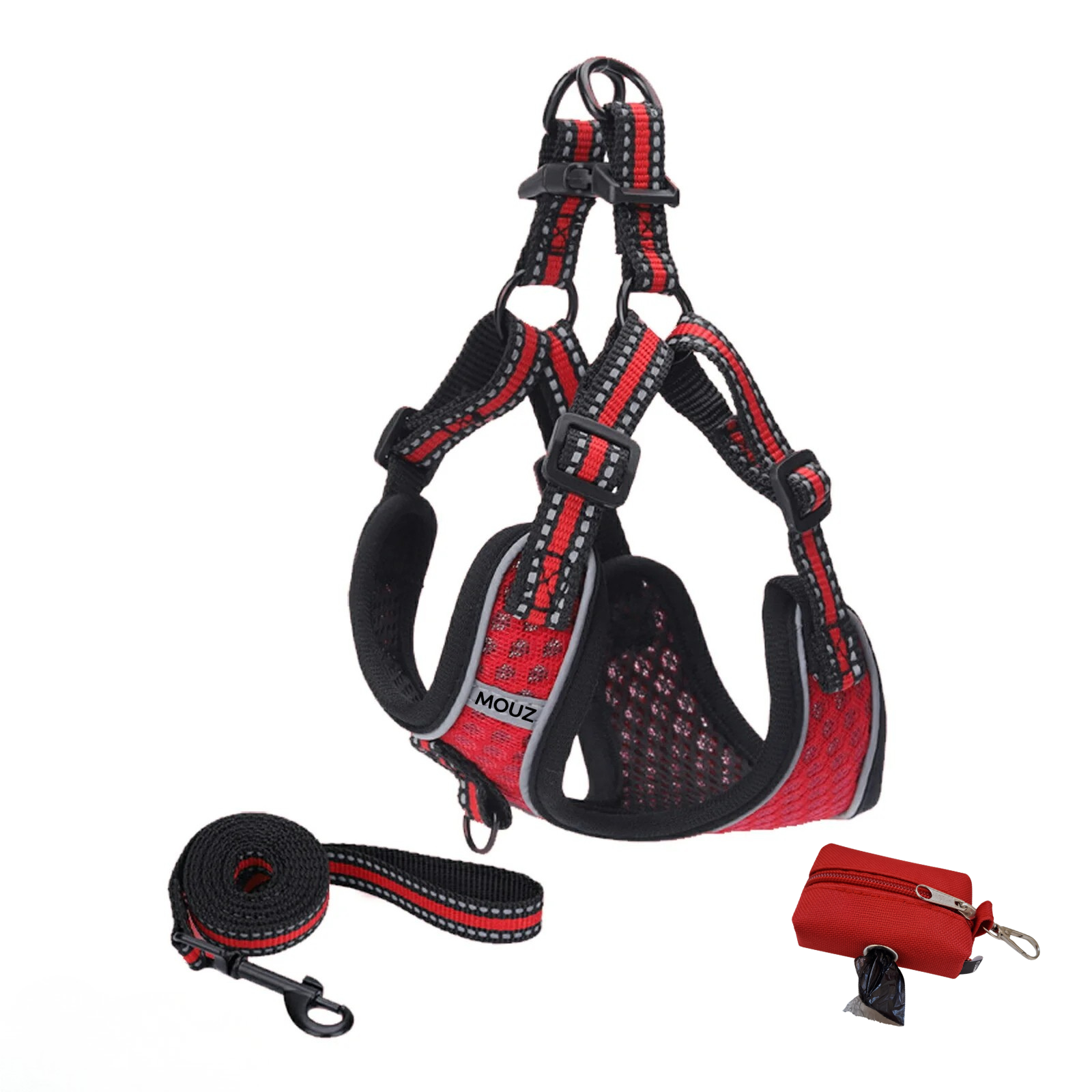 MOUZ Arnés perro antitirones, ajustable con correa y dispensador de bolsas - Rojo