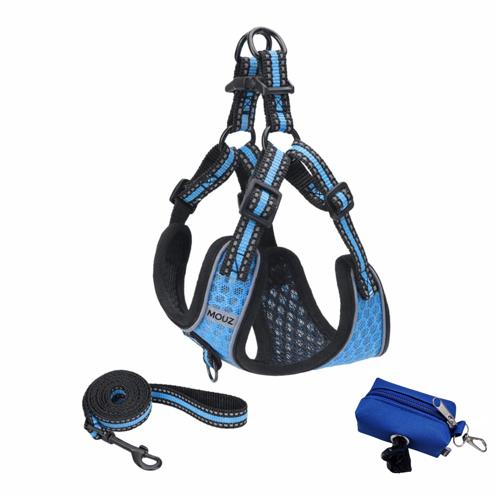 MOUZ Arnés perro antitirones, ajustable con correa y dispensador de bolsas - Azul
