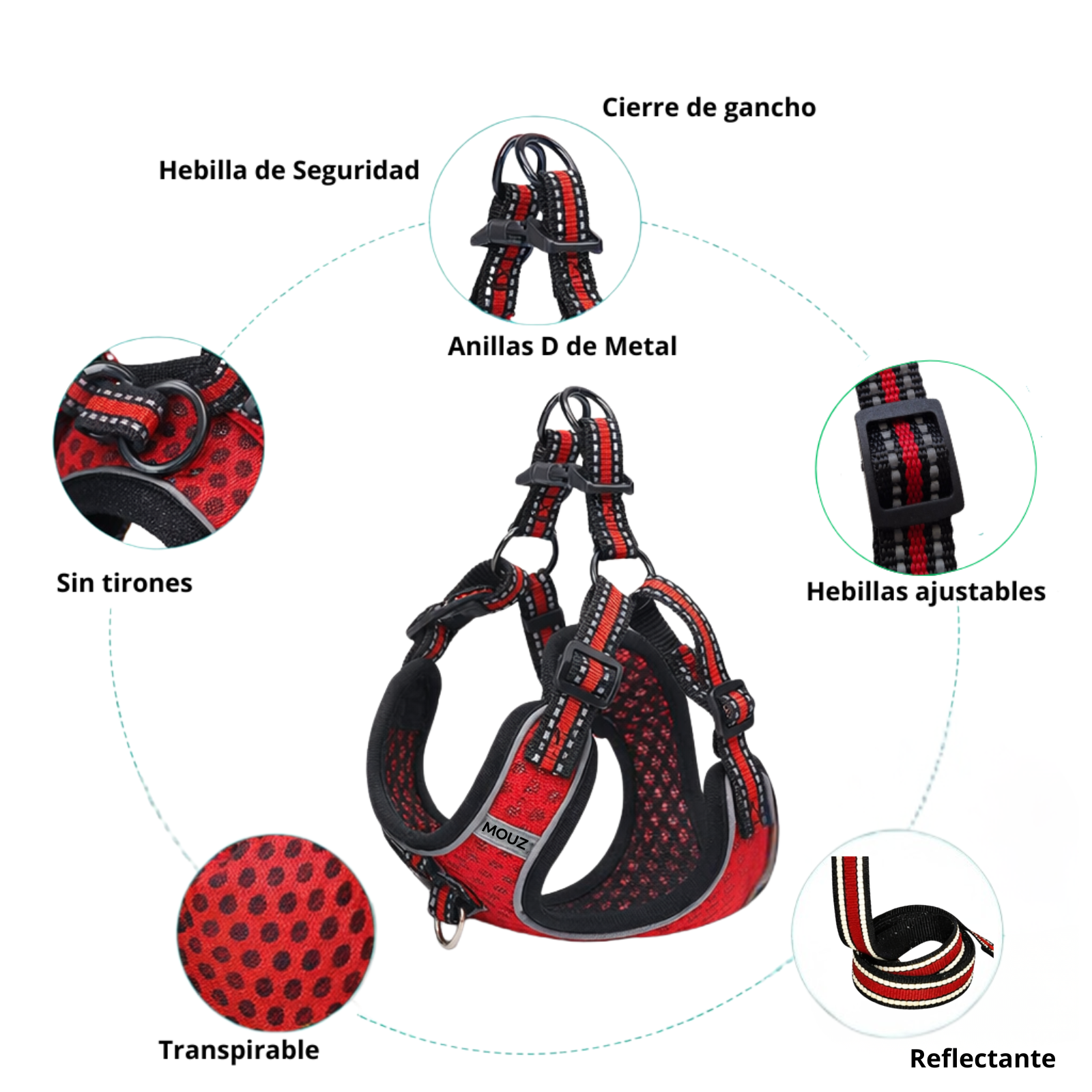 MOUZ Arnés perro antitirones, ajustable con correa y dispensador de bolsas - Rojo