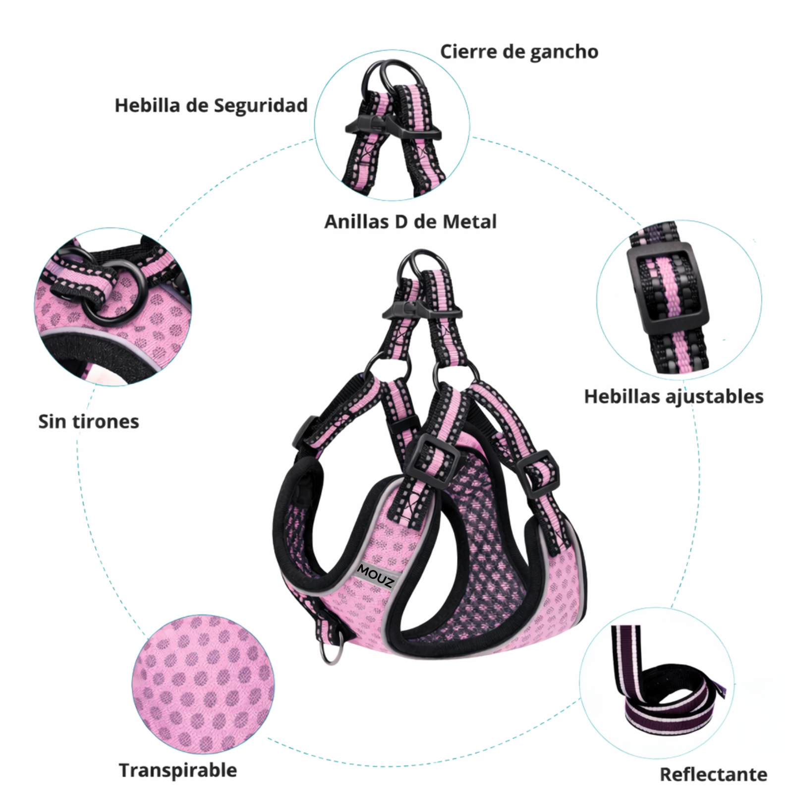 MOUZ Arnés perro antitirones, ajustable con correa y dispensador de bolsas - Rosado