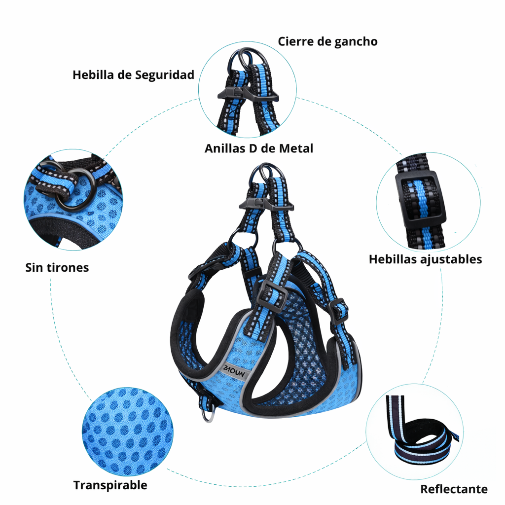 MOUZ Arnés perro antitirones, ajustable con correa y dispensador de bolsas - Azul