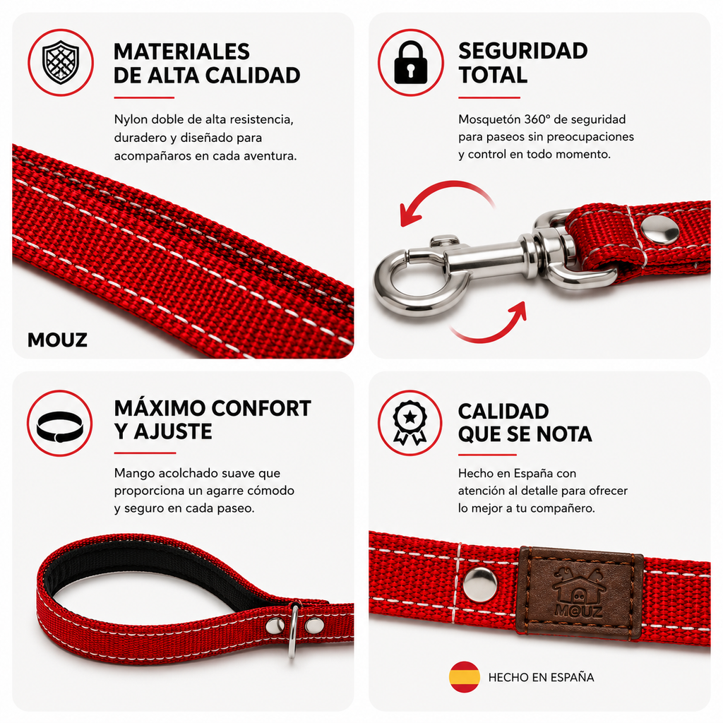 Correa perro nylon doble, alta resistencia, con mango acolchado - Rojo