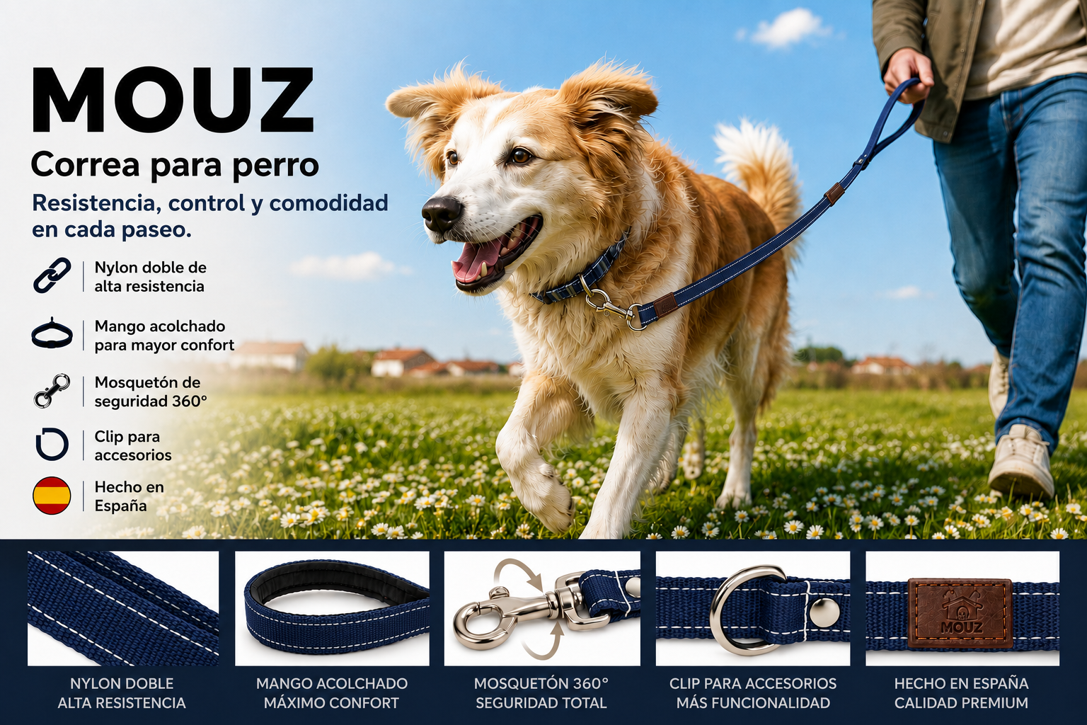 Correa perro nylon doble, alta resistencia, con mango acolchado - Azul