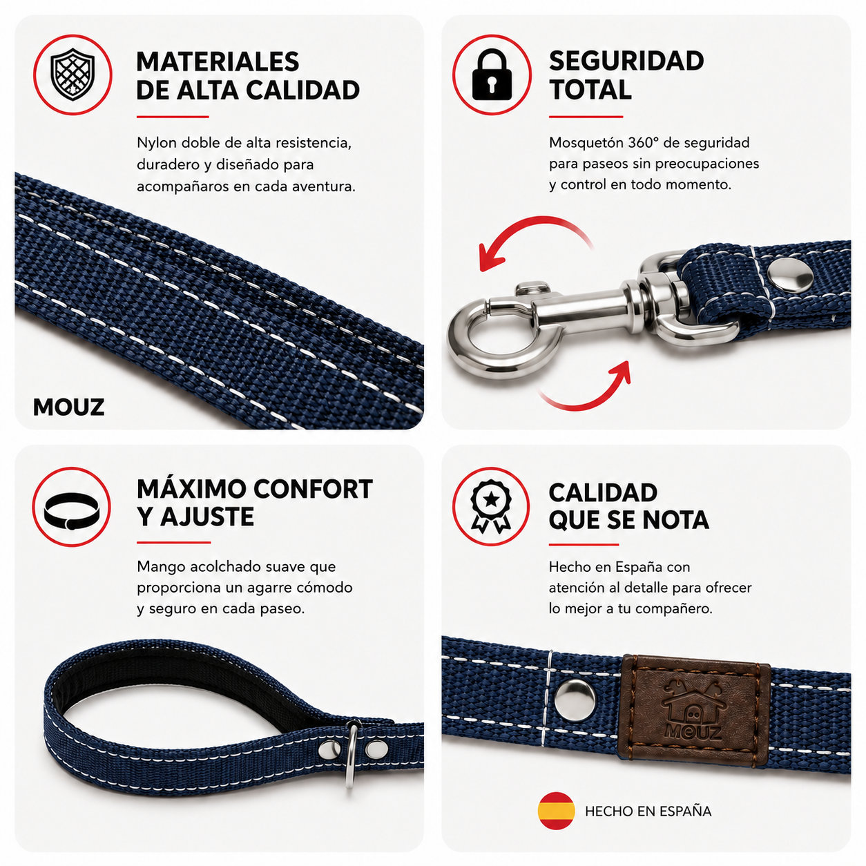 Correa perro nylon doble, alta resistencia, con mango acolchado - Azul