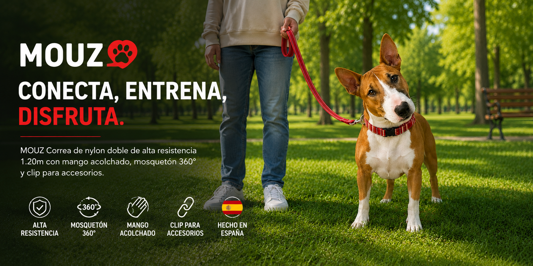 Correa perro nylon doble, alta resistencia, con mango acolchado - Rojo